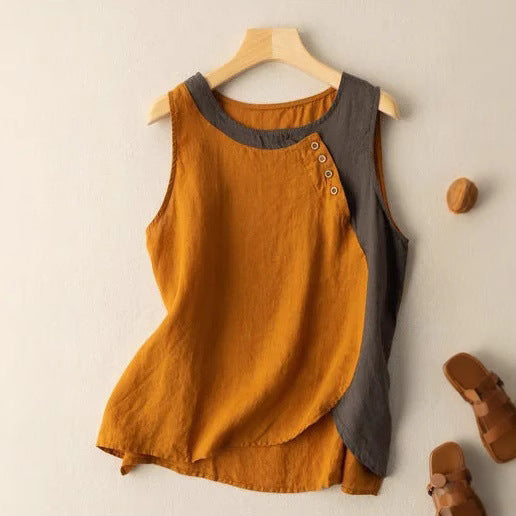 Women’s Sleeveless Top – 100% Cotton – Relaxed Fit – Asymmetrical Hem – Button Shoulder