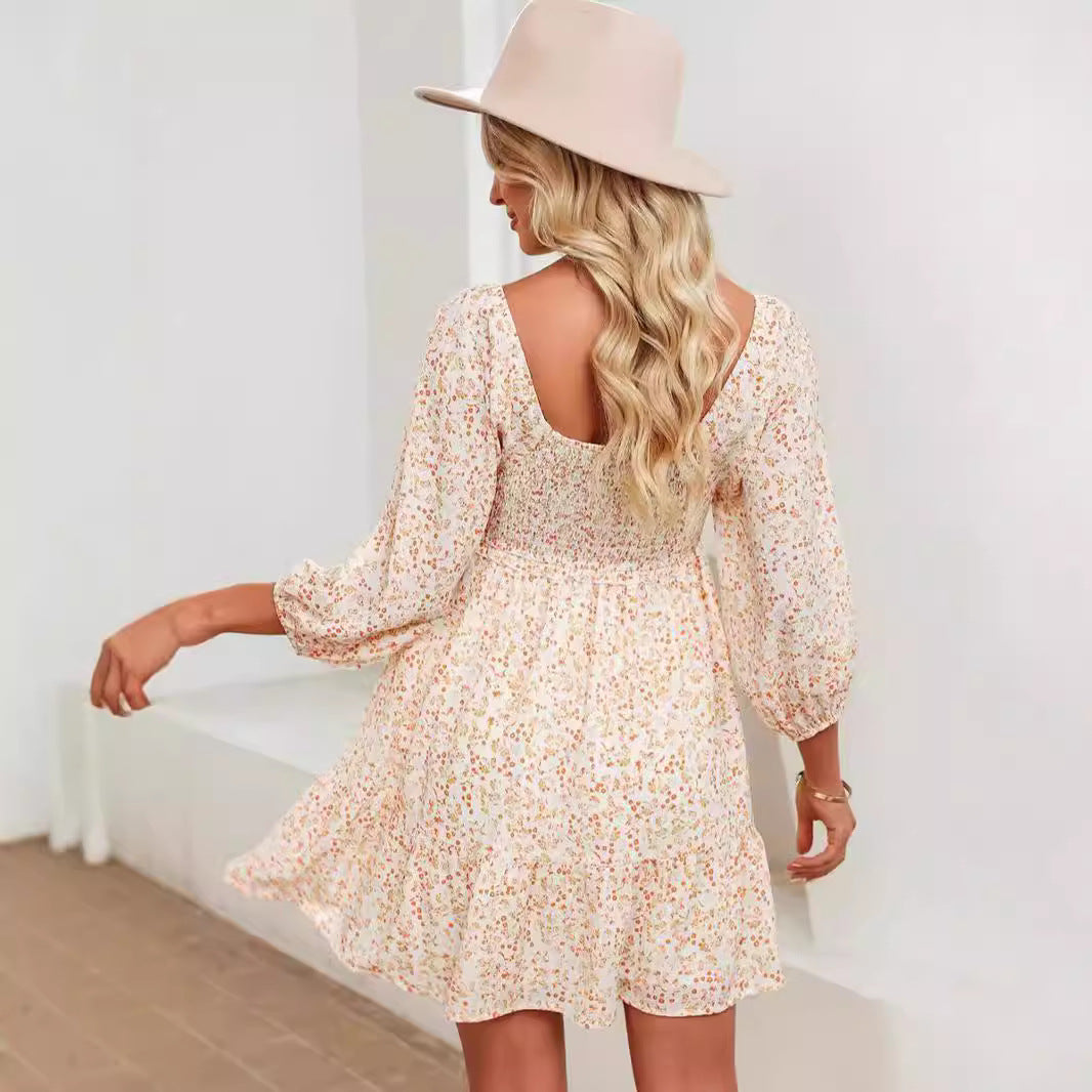 Women’s A-Line Mini Dress – Cotton Blend – Shirred Bodice – Square Neck – Floral Print