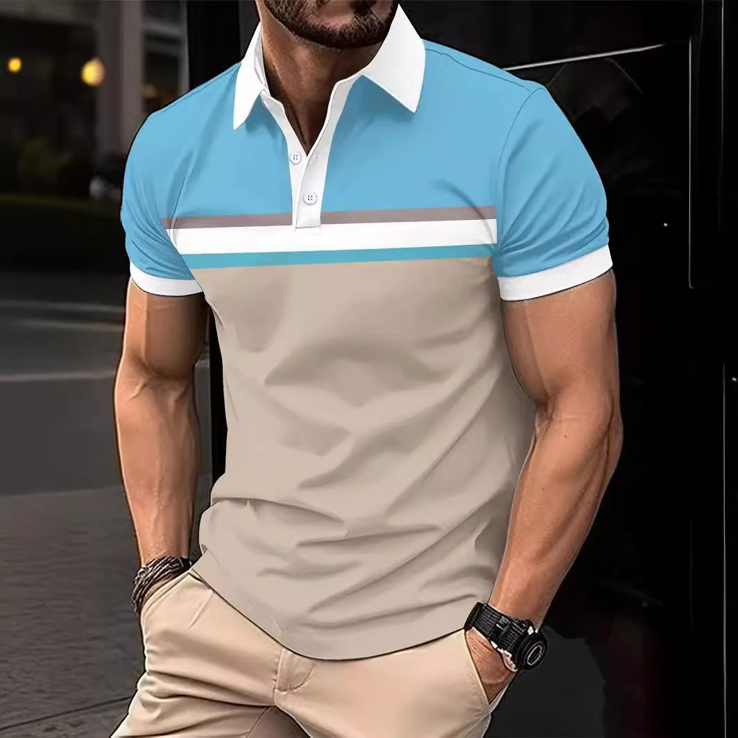 Men’s Polo Shirt – Slim Fit – Cotton – Striped Chest – Contrast Collar – Button Placket