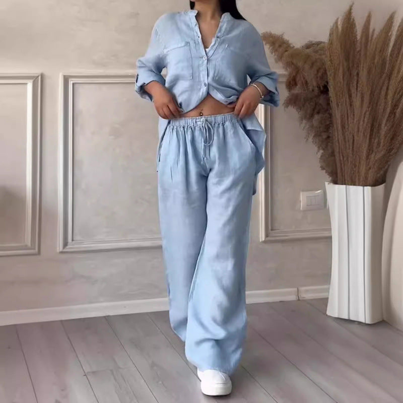 Women’s Shirt and Trousers Set – Linen Blend – Relaxed Fit – Wide Leg – Button Down Top