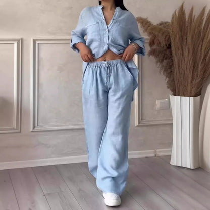 Women’s Shirt and Trousers Set – Linen Blend – Relaxed Fit – Wide Leg – Button Down Top