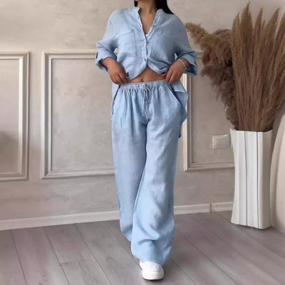 Women’s Shirt and Trousers Set – Linen Blend – Relaxed Fit – Wide Leg – Button Down Top