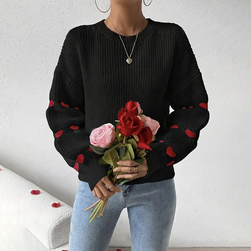 Women’s Pullover Sweater – Loose Fit Knit – Ribbed Texture – Bell Sleeves – Heart Detail