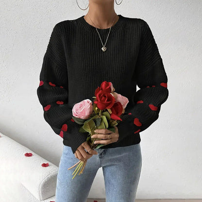 Women’s Pullover Sweater – Loose Fit Knit – Ribbed Texture – Bell Sleeves – Heart Detail