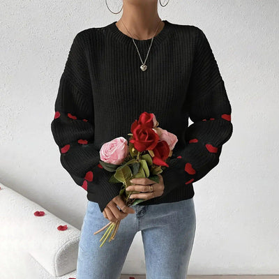 Women’s Pullover Sweater – Loose Fit Knit – Ribbed Texture – Bell Sleeves – Heart Detail