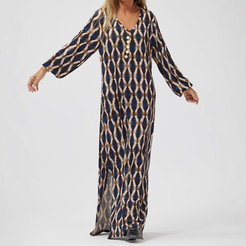 Women’s Midi Dress – Flowy Fit – V-Neck – Long Sleeve – Lightweight Printed Fabric