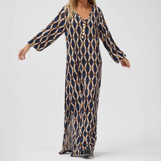 Women’s Midi Dress – Flowy Fit – V-Neck – Long Sleeve – Lightweight Printed Fabric