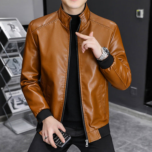 Men’s Leather Jacket – Slim Fit – Stand Collar – Zip-Up – Ribbed Hem and Cuffs