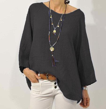 Women’s Cotton Linen Top – Relaxed Fit – 3/4 Raglan Sleeve – Asymmetrical Hem