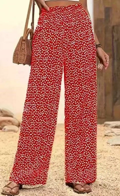 Women’s Flared Trousers – Relaxed Fit – Polka Dot – Elastic Waist – Breathable Blend