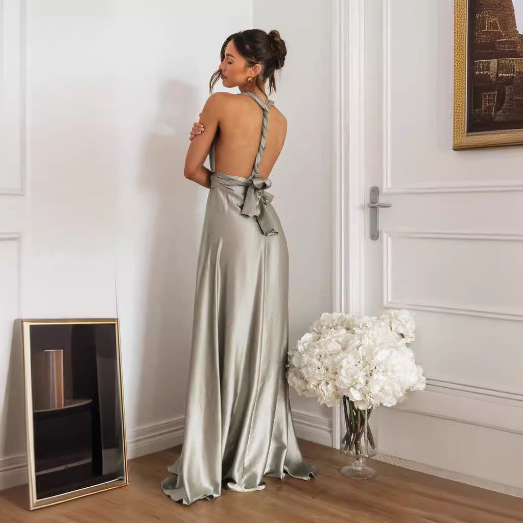 Women’s Maxi Dress – Satin – A-Line Fit – Criss-Cross Back – Halter Tie Neckline