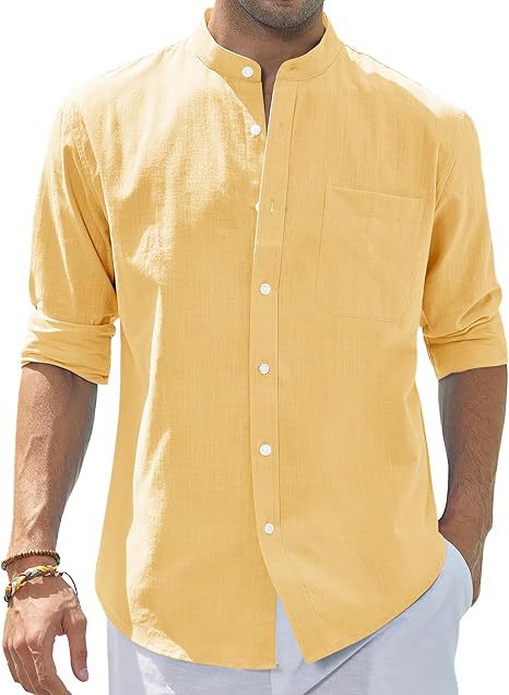 Men’s Button-Up Shirt – Relaxed Fit – Natural Fibers – Mandarin Collar – Long Sleeve