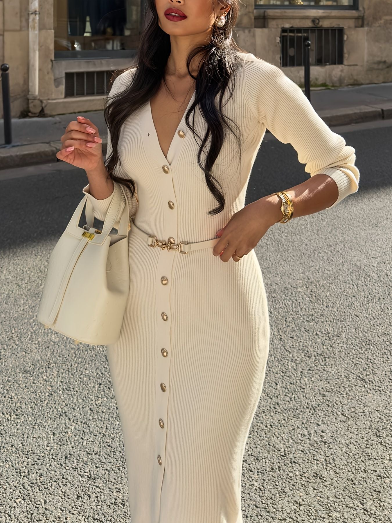 Women's Ribbed Knit Midi Dress - Button Detail - Long Sleeve