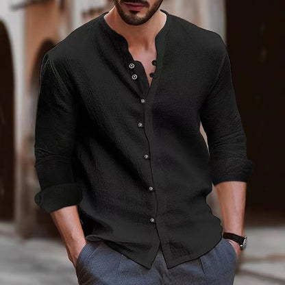 Men’s Long Sleeve Shirt – Cotton Linen Blend – Relaxed Fit – Band Collar – Button Up