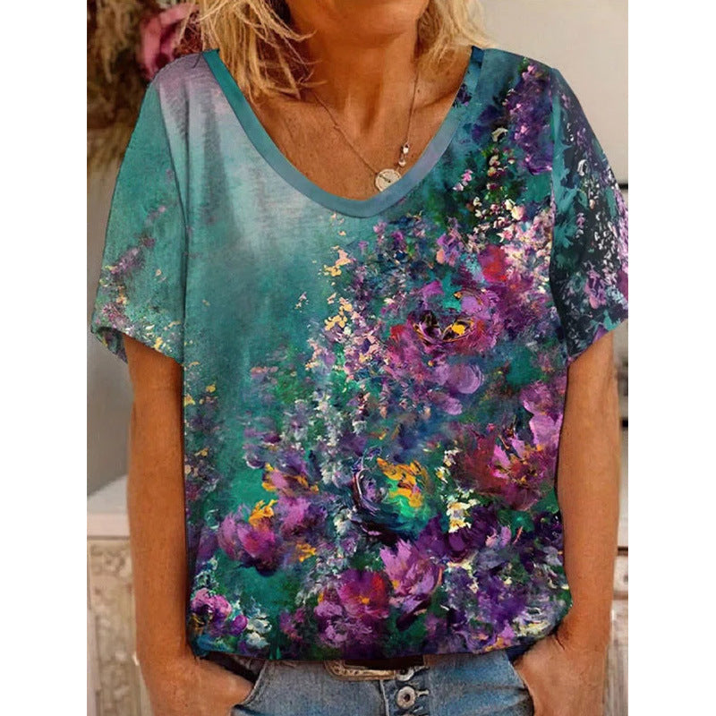 Women’s T-Shirt – Relaxed Fit – Artistic Floral Print – Soft Breathable Blend