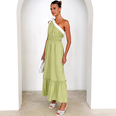 Women’s One-Shoulder Dress – Cotton Blend – A-Line Fit – Midi Length – Ruffle Hem