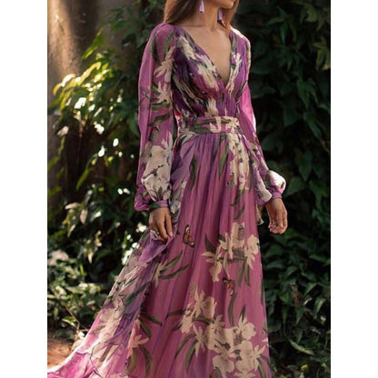 Women’s Maxi Dress – Chiffon Floral – V-Neck – Relaxed Fit – Long Sleeve Elegant Wear