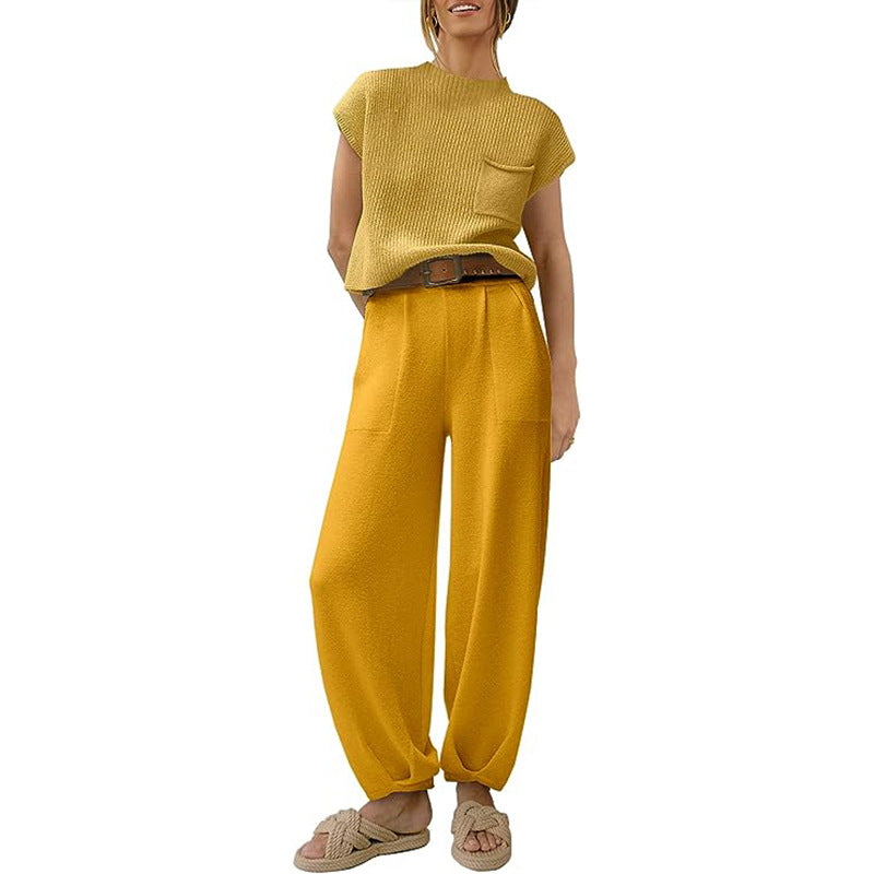 Women’s Knit Sweater Set – Short Sleeve Cropped Top – High Waist Wide Leg Trousers