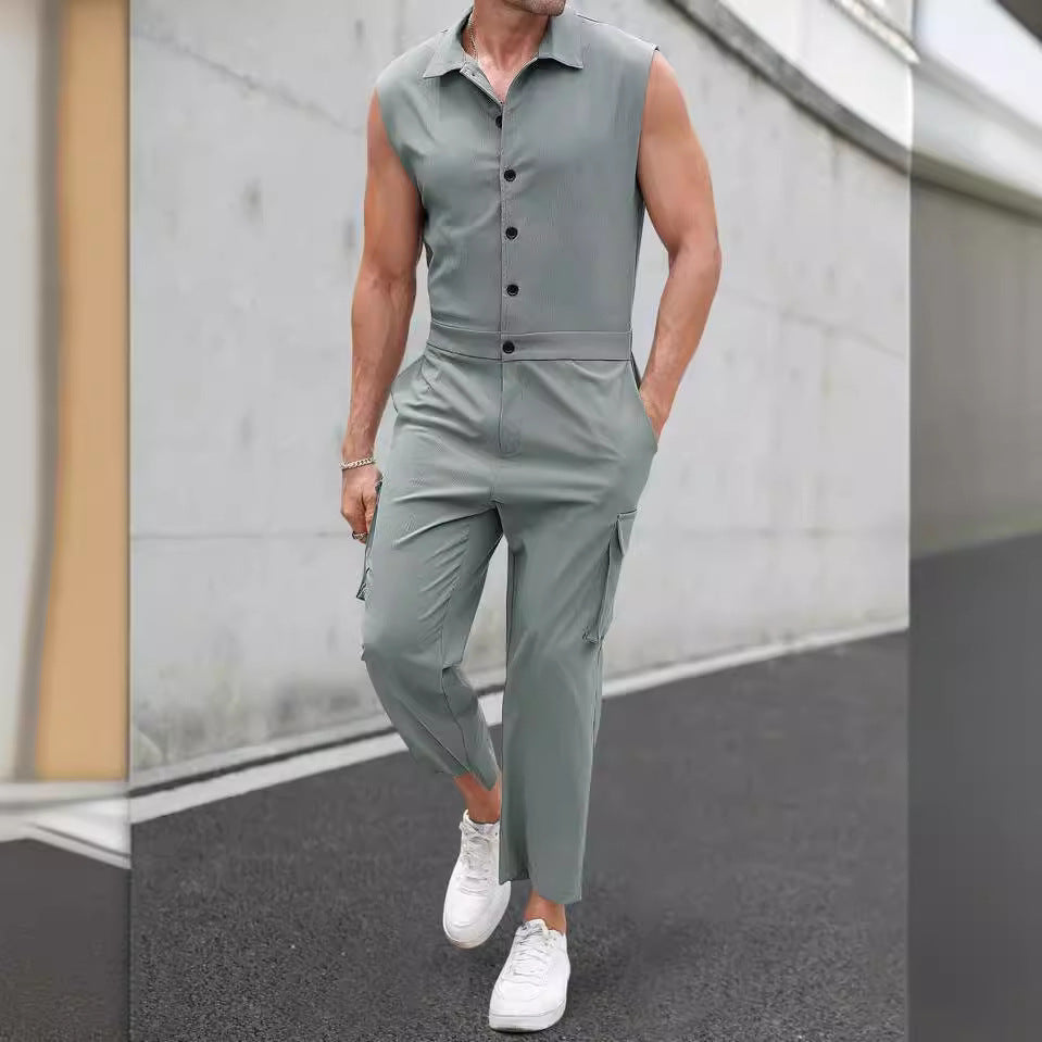 Men’s Jumpsuit – Slim Fit – Sleeveless Button-Up – Shirt Collar – Cargo Pockets