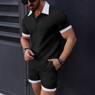 Men’s Shirt and Shorts Set – Jacquard – Relaxed Fit – Lapel Collar – Drawstring Waist