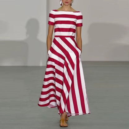 Women’s Long Dress – Flared Silhouette – Off Shoulder – Diagonal Striped