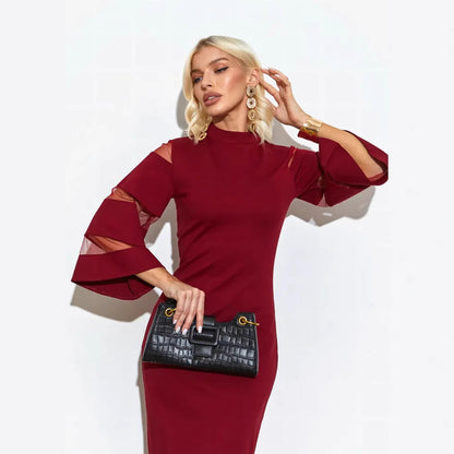 Women’s Midi Dress – Slim Fit Pencil Silhouette – Bell Sleeves – Sheer Panel – Side Slit