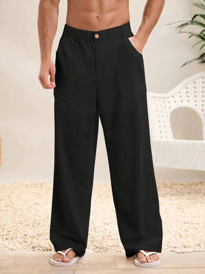 Men’s Trousers – Cotton Linen Blend – Relaxed Fit – Elastic Waist – Full Length