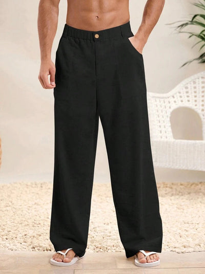 Men’s Trousers – Cotton Linen Blend – Relaxed Fit – Elastic Waist – Full Length