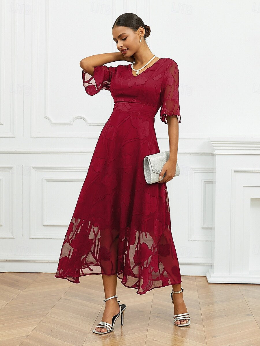 Women’s Maxi Dress – Lace Overlay – V-Neck – Flutter Sleeve – Elegant Fit
