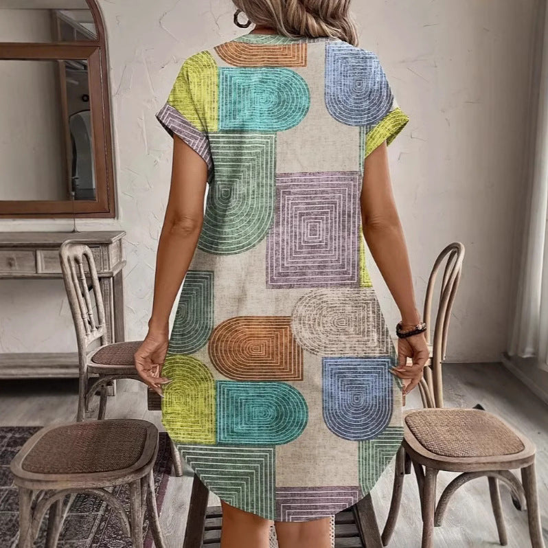 Women’s V-Neck Dress – Relaxed Fit – Geometric Print – Button Down – Breathable Blend