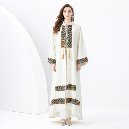 Women’s Two-Piece Set – Bohemian Robe & Sleeveless Dress – Embroidered Detail – Tassel Tie – Relaxed Fit