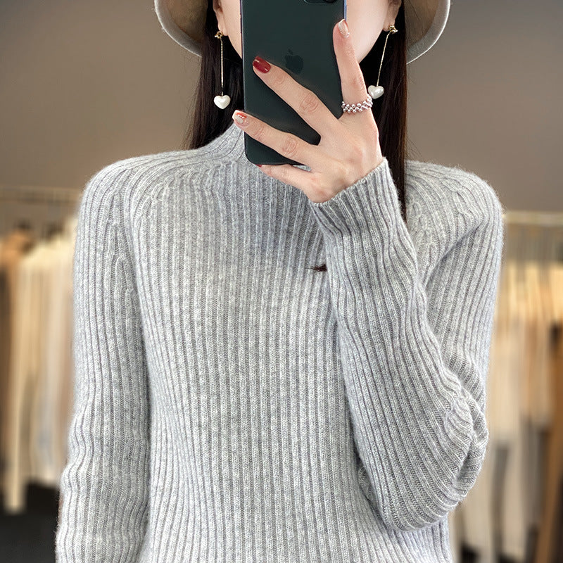 Women’s Knit Sweater – Wool Blend – Loose Fit – Mock Neck – Long Sleeves