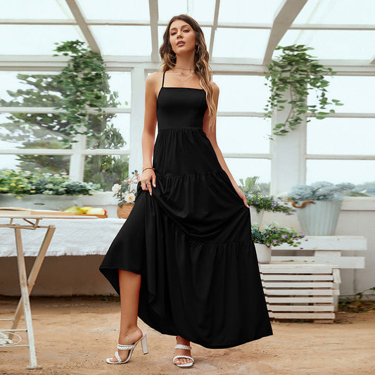 Women’s Evening Gown – Satin Feel – Backless – Tiered Skirt – Spaghetti Straps – Formal Fit