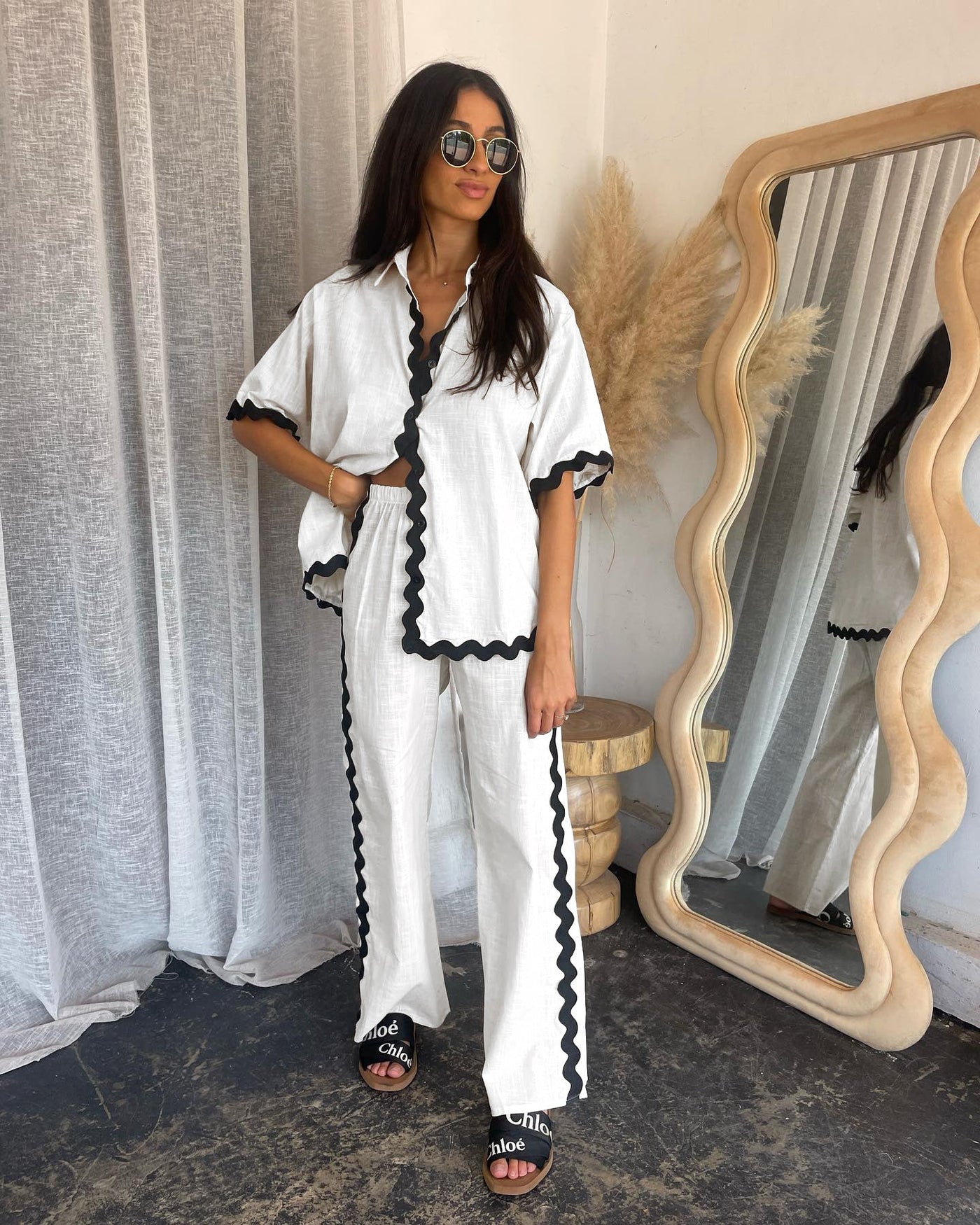 Women’s Two-Piece Set – Lightweight Cotton – Loose Fit – Scalloped Hem – Open Front