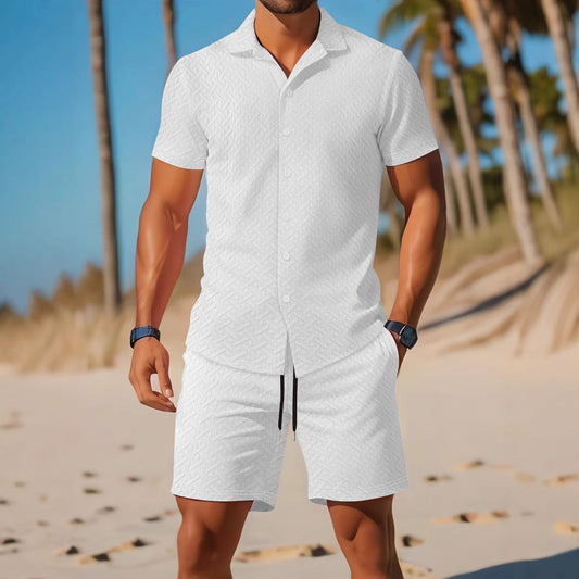 Men’s Shirt and Shorts Set – Slim Fit – Embossed Pattern – Breathable Casual Wear