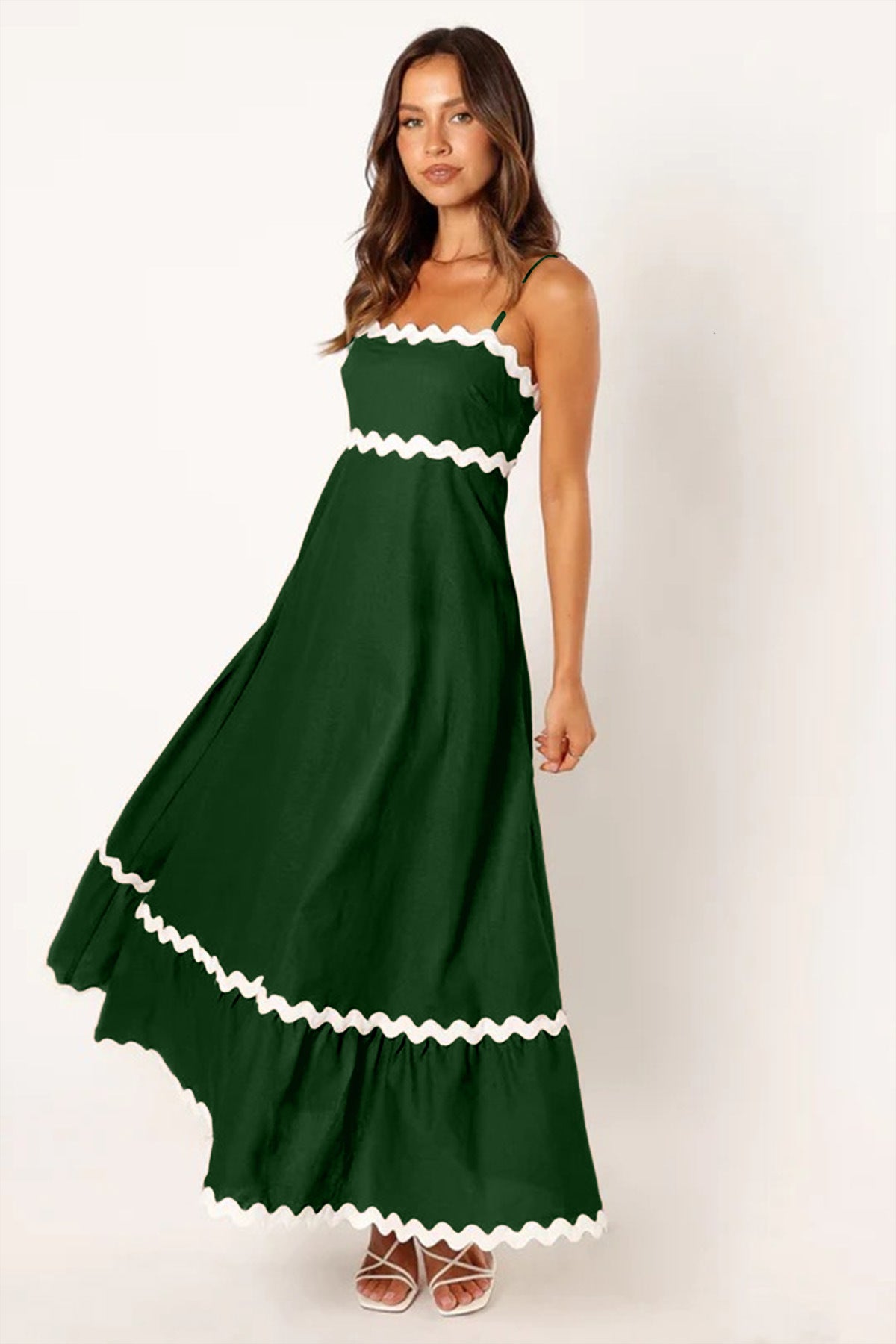 Women’s Long Dress – Slim Fit – Lightweight Cotton – Scalloped Trim – Spaghetti Straps