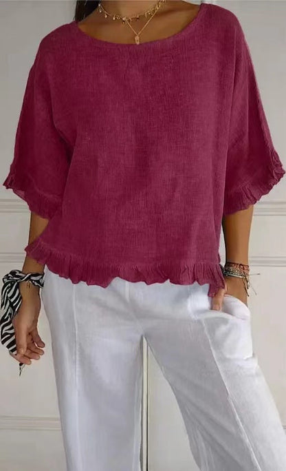 Women’s Blouse – Cotton Linen – Relaxed Fit – Short Sleeve – Ruffle Hem – Round Neck
