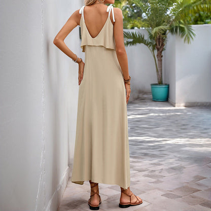 Women’s Sleeveless Dress – Tie Strap – Ruffle Bust – Loose Fit – Full Length Casual Wear