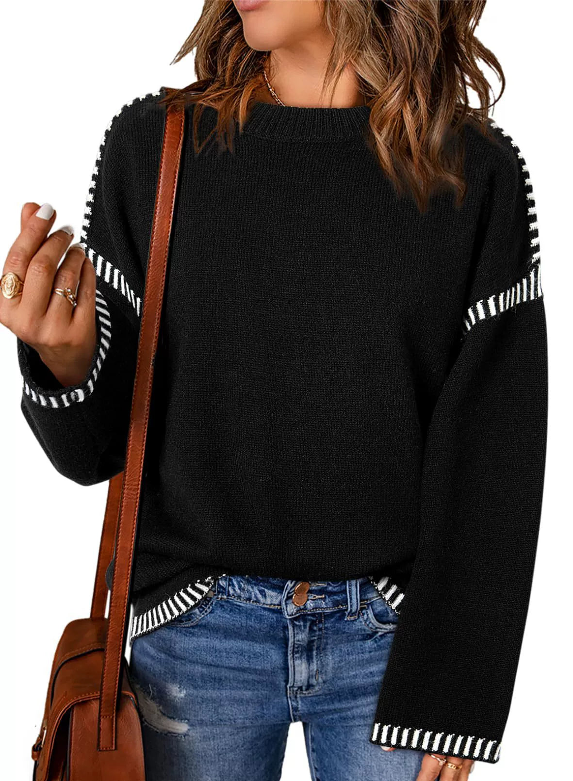 Women’s Sweater – Loose Fit Cable Knit – Round Neck – Long Sleeve with Stripe Trim
