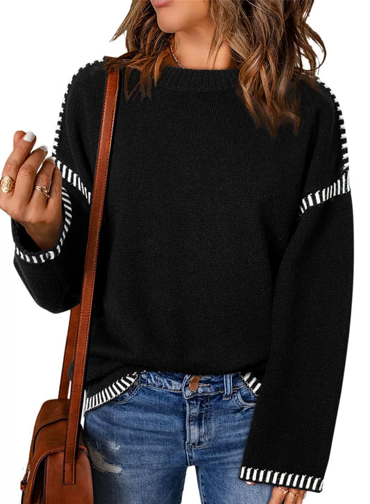 Women’s Sweater – Loose Fit Cable Knit – Round Neck – Long Sleeve with Stripe Trim