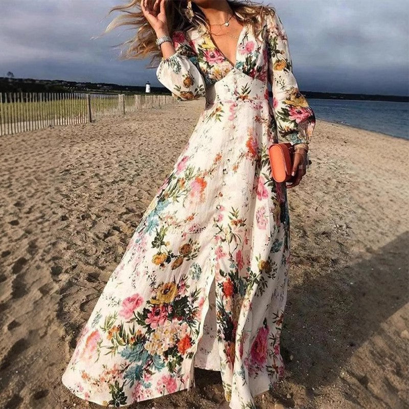 Women’s Maxi Dress – Flowing A-Line Fit – Deep V-Neck – Long Sleeve – Floral Print