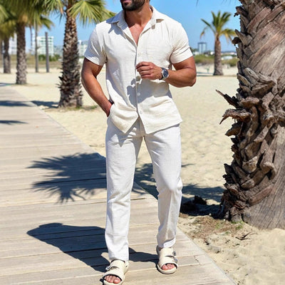 Men’s Shirt and Trousers Set – Lightweight Cotton – Relaxed Fit – Short Sleeve Casual
