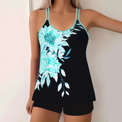 Women’s Tankini Set – Breathable Blend – V-Neck – Spaghetti Straps – Modest Swim Shorts