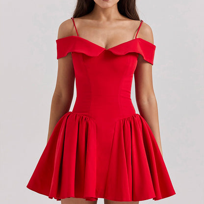 Women’s Off-Shoulder Midi Dress – Fitted Waist – A-Line – Spaghetti Straps – Elegant Fit