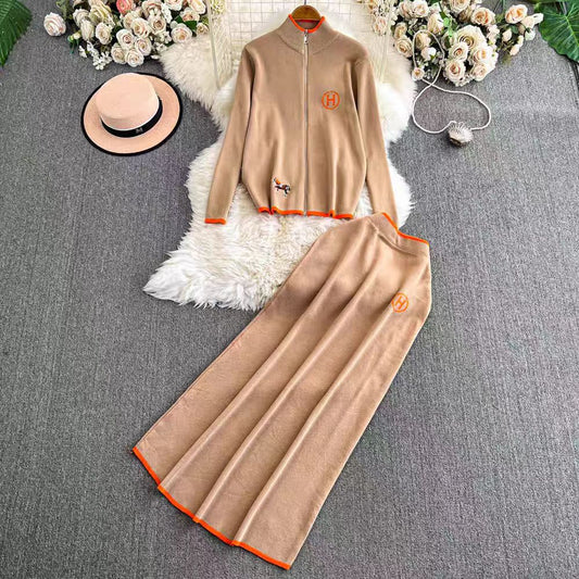 Women’s Knit Cardigan Set – Wool Blend – Embroidered – Zipper Front – A-Line Skirt