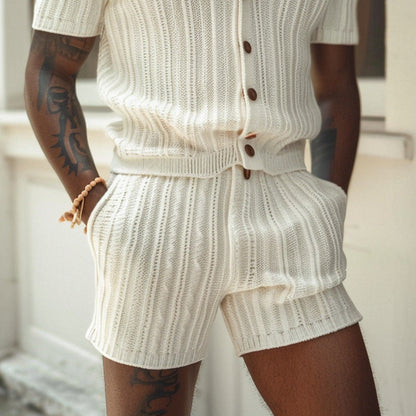 Men’s Knit Shirt and Shorts Set – Slim Fit – Ribbed Texture – Polo Collar – Breathable