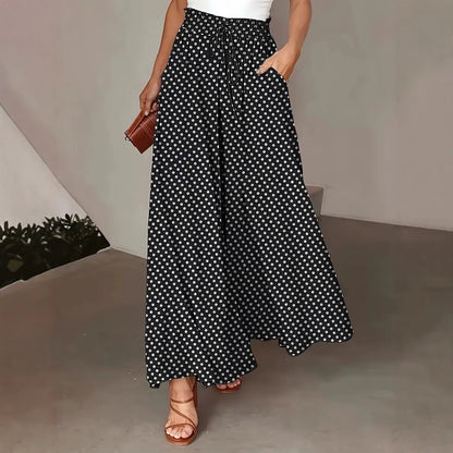 Women’s Wide-Leg Trousers – Flowy Fit – Polka Dot – Drawstring Waist – Breathable Fabric