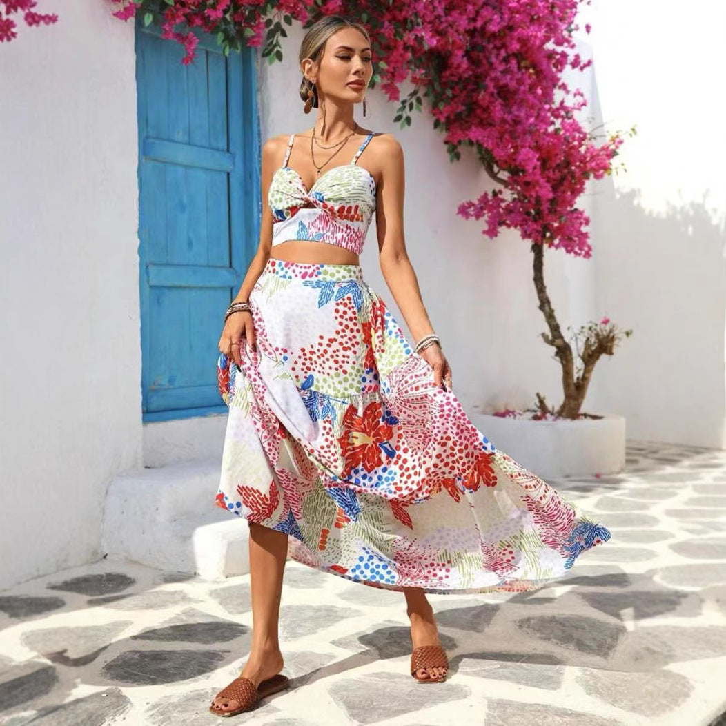 Women’s Two-Piece Set – Fitted Crop Top – Tiered A-Line Maxi Skirt – Breathable Fabric
