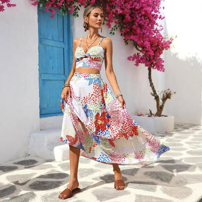 Women’s Two-Piece Set – Fitted Crop Top – Tiered A-Line Maxi Skirt – Breathable Fabric