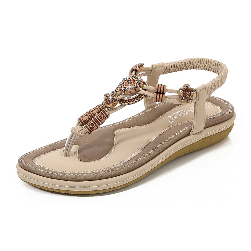 Women’s Sandals – Flat Sole – Woven Thong Strap – Wood Bead Embellished – Casual Fit